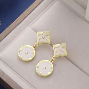 Gold and White Floral Earrings